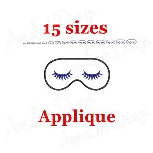 May include: A black sleep mask with blue eyelashes. The text "15 sizes" and "Applique" is in red.