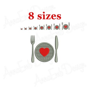Puede incluir: Diseño de bordado de un plato con un corazón, un tenedor y un cuchillo. El diseño está disponible en 8 tamaños. El texto "8 tamaños" está en rojo.