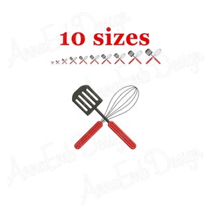 May include: A black spatula and a red whisk crossed over each other. The handles are red. The text "10 sizes" is above the image.