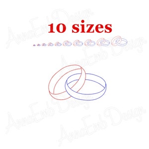 May include: A digital embroidery design of two interlocking rings, one red and one blue, in 10 different sizes. The design is perfect for wedding or anniversary projects.