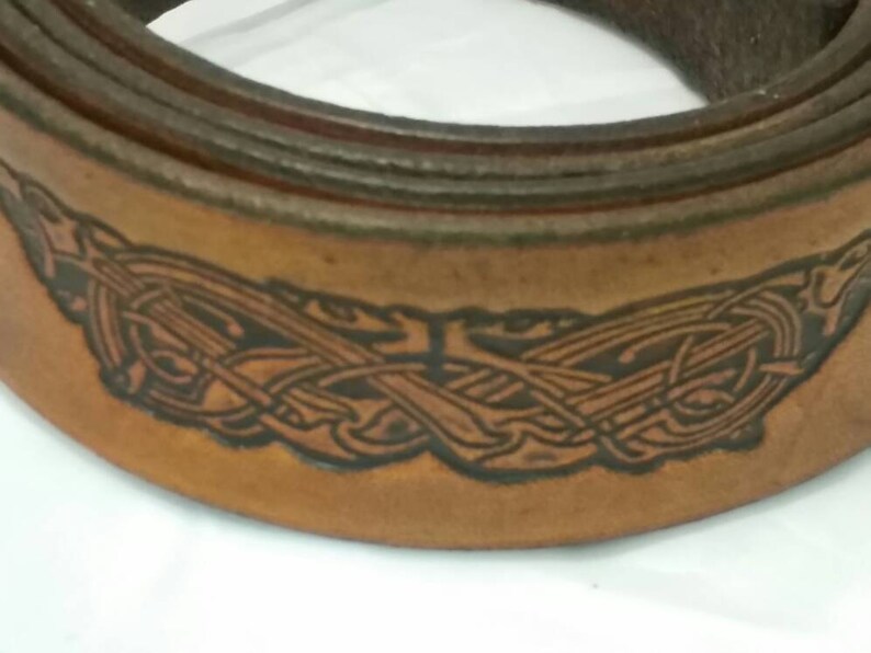 Celtic Dogs hand embossed 1.5 38mm belt Tan