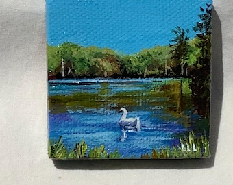 Acrylic Mini 2 x 2 Landscape Swan Original Painting Rhode Island Art, Gifts Under 50