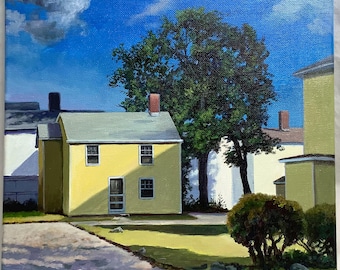Rhode Island Cityscape Painting, Yellow House Art, Original Acrylic on Canvas (12x12)