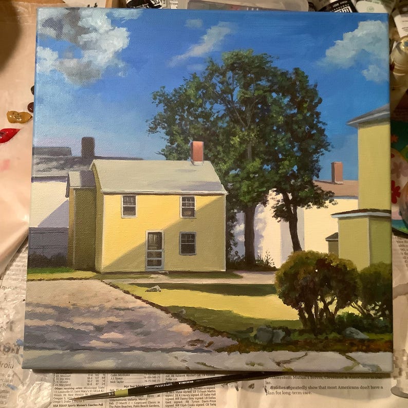 May include: A painting of a yellow house with a green tree in front of it. The house has a red roof and white trim. The sky is blue with white clouds.