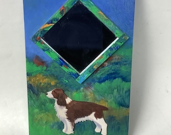 Hand Painted English Springer Spaniel Wood Mirror, Dog Art Collectible