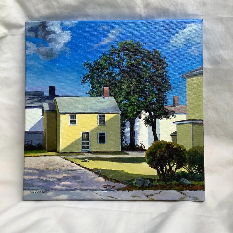 May include: A painting of a yellow house with a green tree in front of it. The house has a white door and windows. The sky is blue with white clouds. The painting is signed "GALLANT"