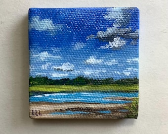 Miniature Beach Acrylic Painting, Rhode Island Landscape Art (2x2 in)