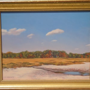 Peinture à l’huile encadrée Paysage Plage Bleu Ciel Nouvelle-Angleterre Scène Réalisme Original Laurie Lynn Lawton Arbres