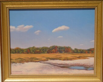 Framed Oil Painting Landscape Beach Blue Sky New England Scene Realism Original Laurie Lynn Lawton Trees