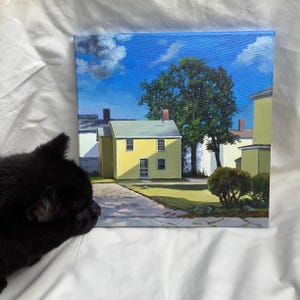 May include: A painting of a yellow house with a green tree in front of it. The house has a blue door and white windows. The sky is blue with white clouds.