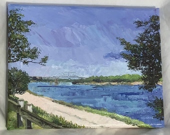 Original Small Acrylic Palette Knife Landscape Painting, Cape Cod Canal, 8 x 10 Canvas, Massachusetts Art, Unframed Art Under 200