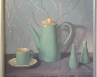 Vintage Framed Oil Painting, Blue Still Life, Kitchen Art (20x20)