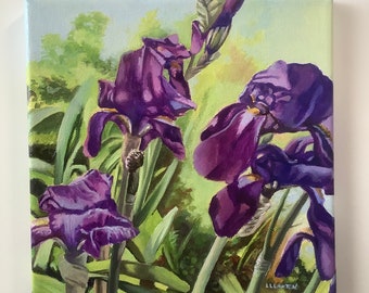 Original Iris Flower Acrylic Painting, Garden Realism Art, 8x8 Canvas