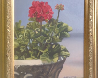 Original Geranium Oil Painting, Framed Still Life, 8x10" Cottage Art