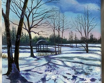 Original Acrylic Winter Landscape Painting on 8 x 8 Square Stretched Canvas, Slater Park Rhode Island, Snow Scene, Gift Art Under 150