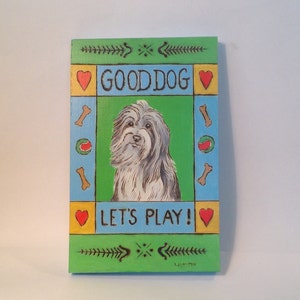 Bearded Collie Original Acrylic Painting  on Wood, Wood Burning Pyrography, 9 x 5 Dog Art, Home Decor, Gifts Under 50