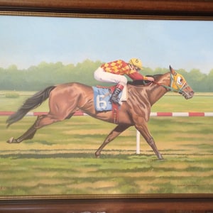 Horse Racing Oil Painting on Canvas LL Lawton Original Large Framed Art Jockey