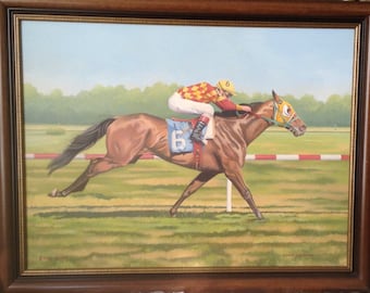 Horse Racing Oil Painting on Canvas LL Lawton Original Large Framed Art Jockey