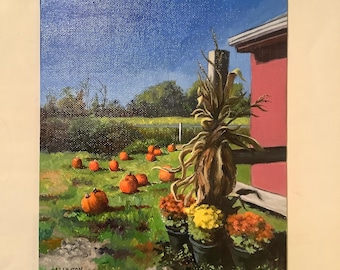Original Acrylic 8 x 10 Pumpkin Autumn Farm Painting on Canvas Panel, Rhode Island Art, Fall Colors, Art Under 100
