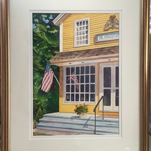 Original Framed Architectural Watercolor Painting, Connecticut Scene, Patriotic USA Flag Porch, Medium Vertical Art, Building,