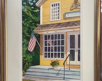 Original Framed Architectural Watercolor Painting, Connecticut Scene, Patriotic USA Flag Porch, Medium Vertical Art, Building,
