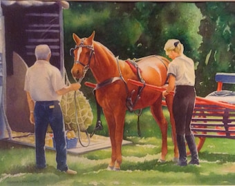 Original Horse Art, Watercolor Painting Framed Realism Art, Horse and Carriage, Equestrian Gift for Home Medium Size Painting Figurative Art