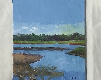 Palette Knife Salt Marsh Painting, Rhode Island Landscape, Mini Canvas Art