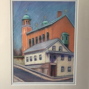 Original Framed Pastel Architecture Painting Church House, Cityscape, Rhode Island Art, Scenery