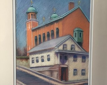 Original Framed Pastel Architecture Painting Church House, Cityscape, Rhode Island Art, Scenery