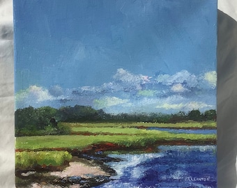 Original Acrylic Palette Knife Rhode Island Landscape Painting, 10 x 10 Square Canvas, Marsh Water Sky, Art Under 400