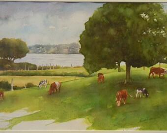 Cows Realism Watercolor Painting Framed Original Laurie Lynn Lawton New England Farm Scene