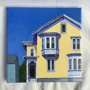 Original Small Acrylic Architectural Painting, 8 x 8 Stretched Canvas, Rhode Island Cityscape Art, Landscape, Unframed Art Under 200