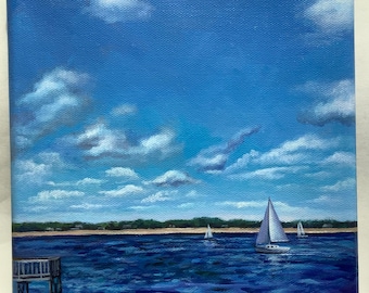 Rhode Island Seascape Painting, Colt State Park Sailboats, 8x8 Acrylic Art