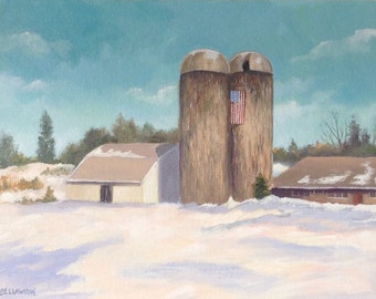 New England Winter Barn Acrylic Painting, 8x10 Farm Landscape Art