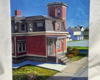 Original Small 8 x 10 Acrylic Cityscape Painting Architecture Rhode Island Scenery, Old Historic Houses, Unframed Canvas, Art Under 200