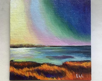 Original Mini Connecticut Marsh Acrylic Painting, 4x4 Canvas Art