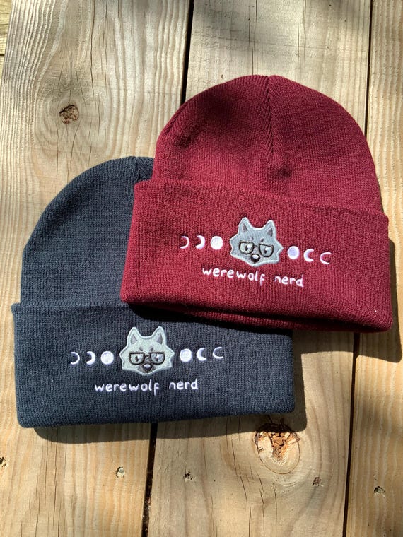 Werewolf Nerd Embroidered Knitted Beanie Hat, Winter Acrylic Wool Lycanthropy Furry Wolf Apparel, Spooky