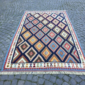 Blue Kilim Rug 60x101 in 152x257 cm Handmade Kilim Rug,Vintage Kilim Rug,Home Decor,wool Blue kilim Rugs,Area kilim Rug Floor Blue Rug