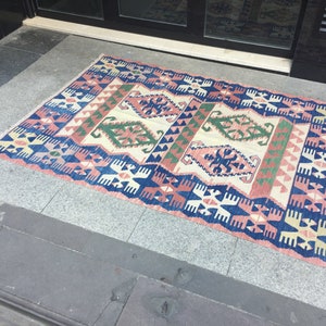 Blue Kilim Rug 46x65 in 116x164 cm Handmade Kilim Rug,Vintage Kilim Rug,Home Decor,wool Blue kilim Rugs,Area kilim Rug Floor Blue Rug