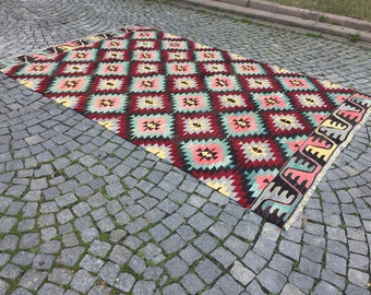 Large Turkish Kilim Rug 81x120 in 205x305 cm,Handmade Vintage Kilim Rug,Boho Kilim Rug,Home Decor Rug Colorful Rug Pink kilim Bohemian Rug