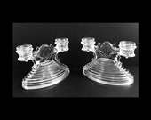 Anchor Hocking Vintage Clear Manhattan Ribbed Glass 1930 39 s Art Deco Pair of Double Arm Candle Holders or Candelabra