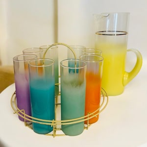 Vintage Blendo Tom Collins Set: Mid-Century Modern Pitcher, 8 Ombre Glasses & Carrier