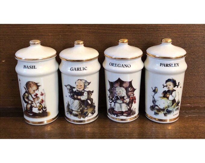 M.J. Hummel 1987 Spice Jars Lot of 4 Basil, Garlic, Oregano, Parsley