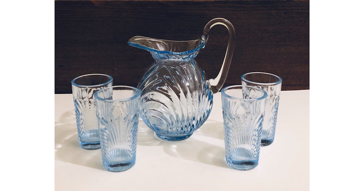 Vintage Mosser Glass Lindsey Moonlight Blue Child's Pitcher and Glasses Set