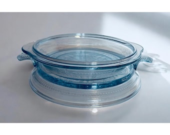 Fire King Vintage Philbe Pattern Light Sapphire Blue Trivet & Pie Plate Lid – Rare Depression Glass Bakeware –