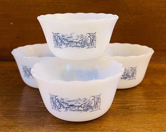 Vintage Marcrest Currier & Ives Ramekins Custard Cups Set of 4 – Classic Blue and White Farmhouse Kitchen Decor –