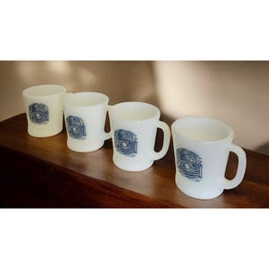 Vintage Marcrest Currier and Ives Milk Glass Mugs – Set of 4  Rustic Farmhouse Kitchen  Collectible Blue & White Drinkware
