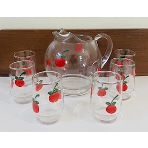 Vintage Dunbar Glass Hand Painted Tomatoes Juice Pitcher with 6 Matching Glasses - Mid-Century Drinkware Set - Collectible Kitchen Decor