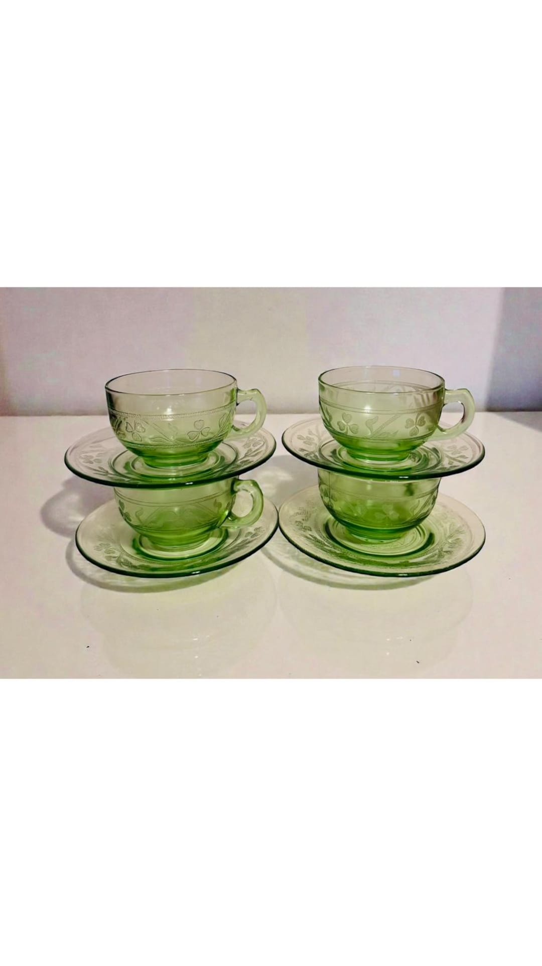 Vintage Hazel Atlas Cloverleaf Teacup & Saucer Set • Uranium Glass