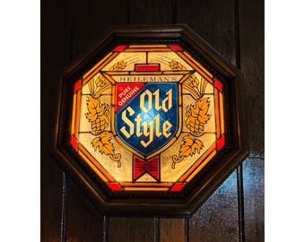 Vintage 1978 Old Style Lighted Sign • Stained Glass Look Octagon • Heileman Beer • Retro Bar Deco